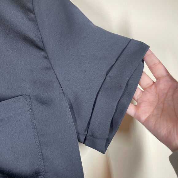 Zara Black Satin Short Sleeve Pocket Tee Size M Eyelash Hem Lightweight - Picture 6 of 11